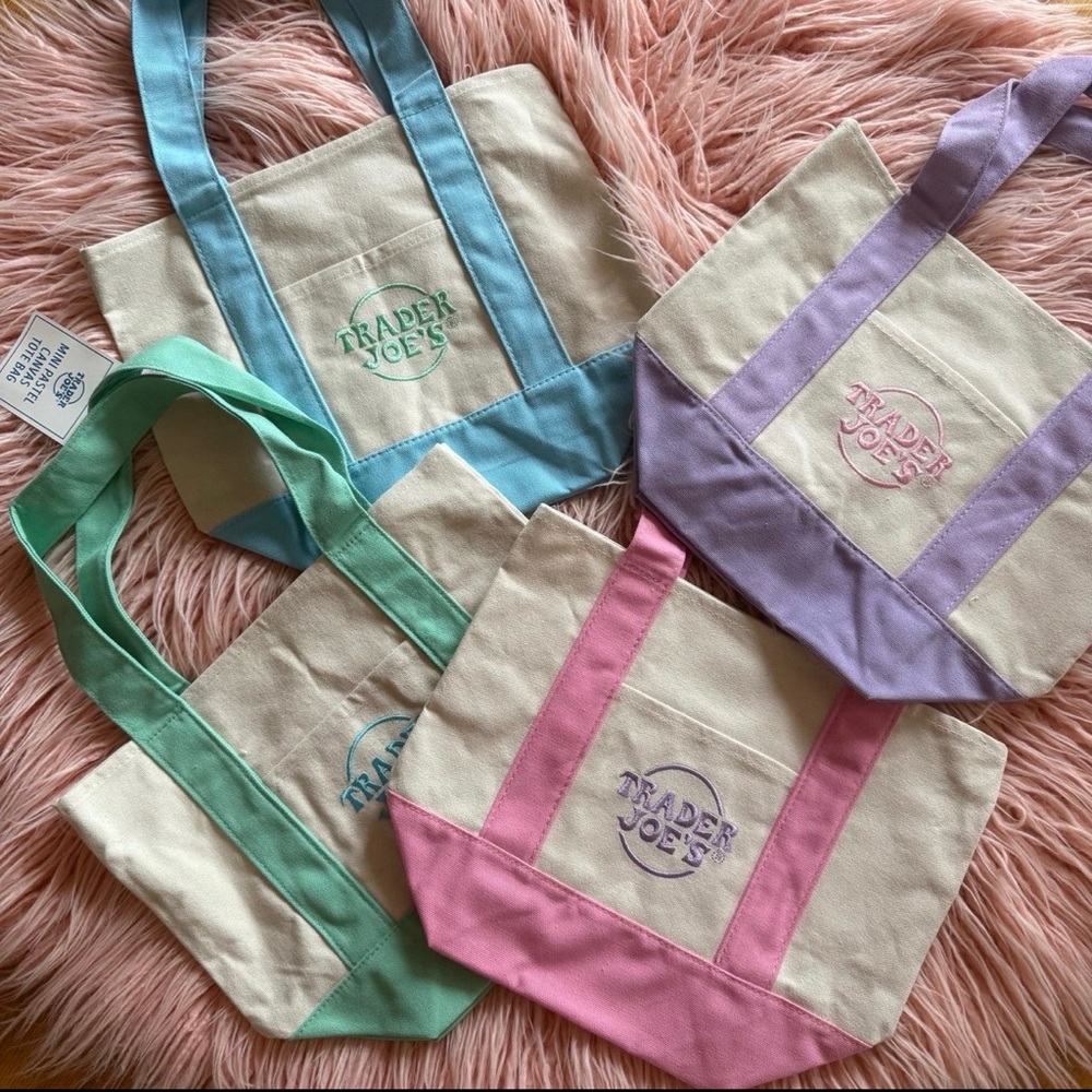 4 NWT Trader Joe’s Mini Canvas Pastel Tote Bag pink purple blue green spring